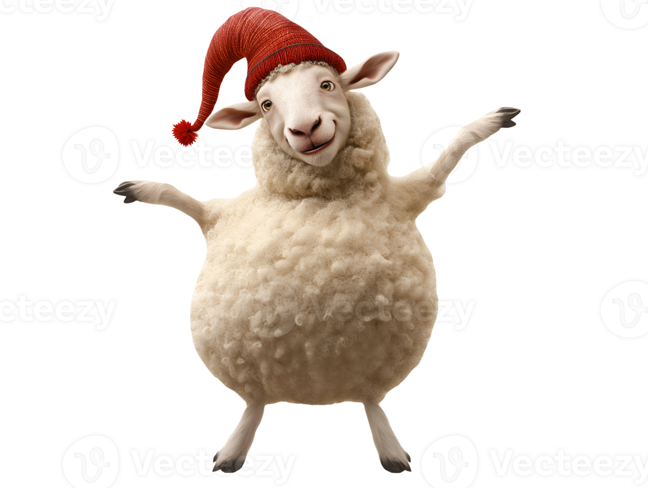 funny sheep wearing a tiny red jester's hat standing on hind legs on isolated background in playful pose cartoon style with fluffy wool for holiday and festive design png