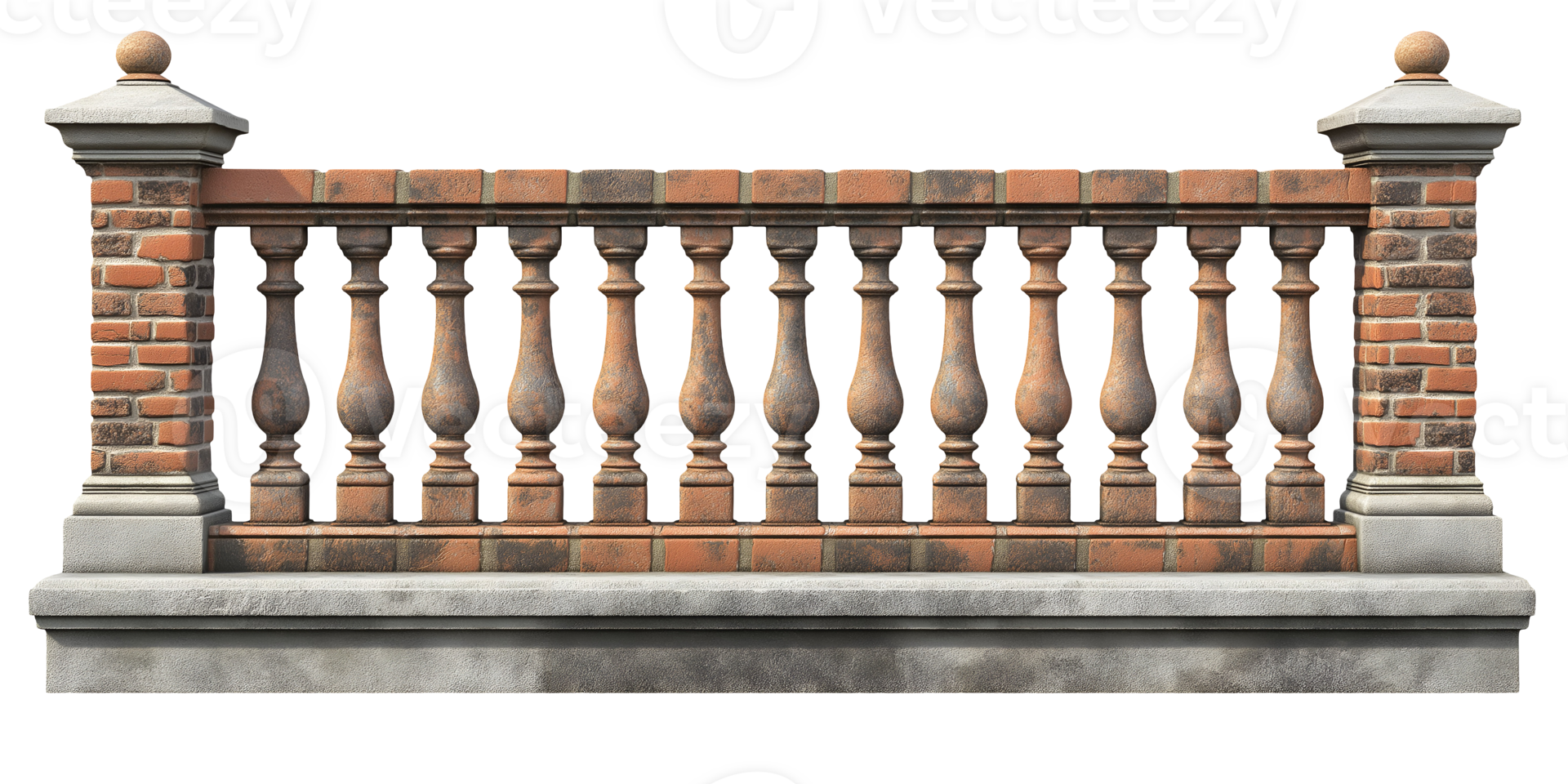 short brick fence with decorative columns and balusters set on a concrete base on isolated background png
