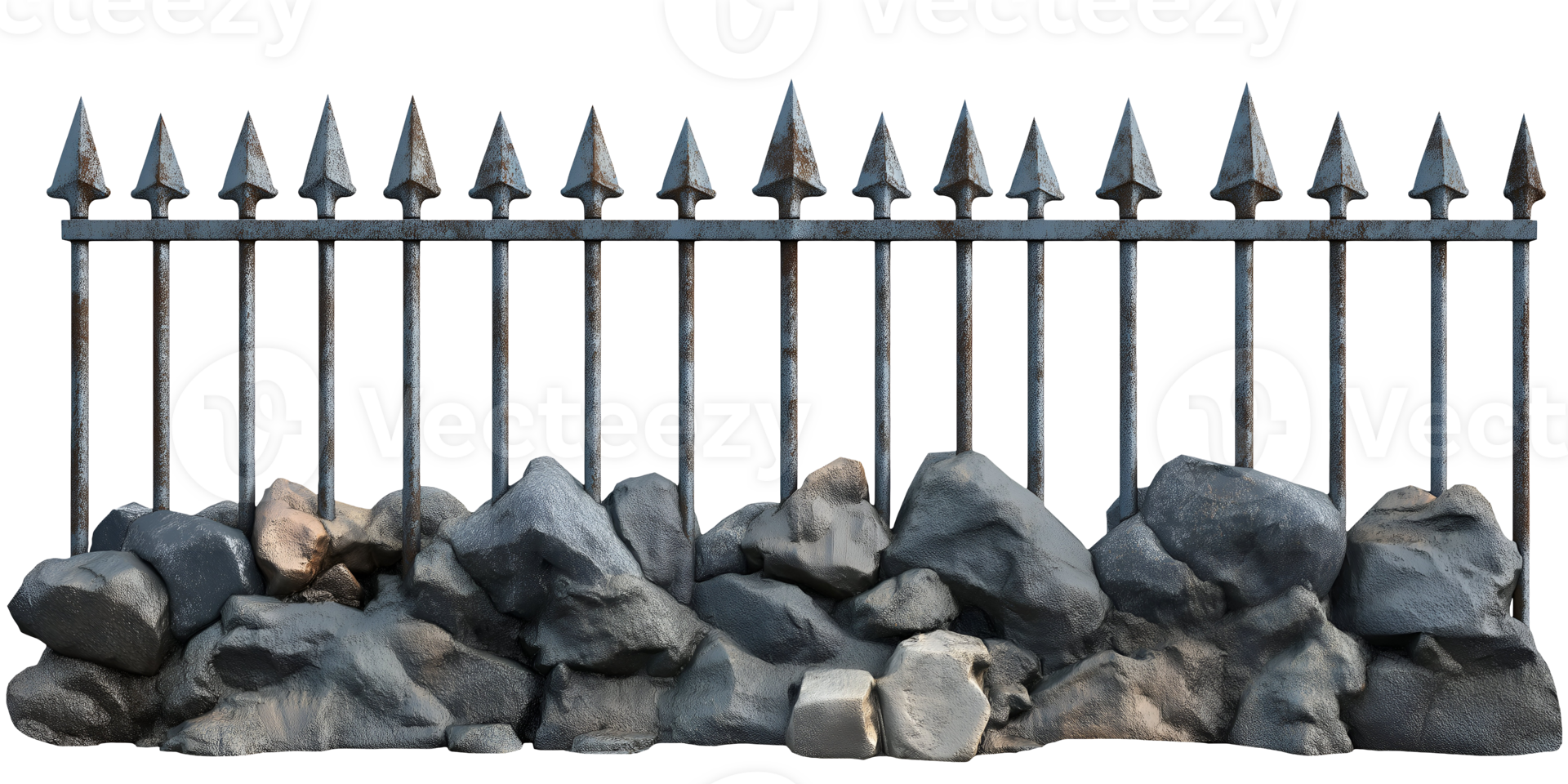 steel security fence with pointed tops and rock base on isolated background png