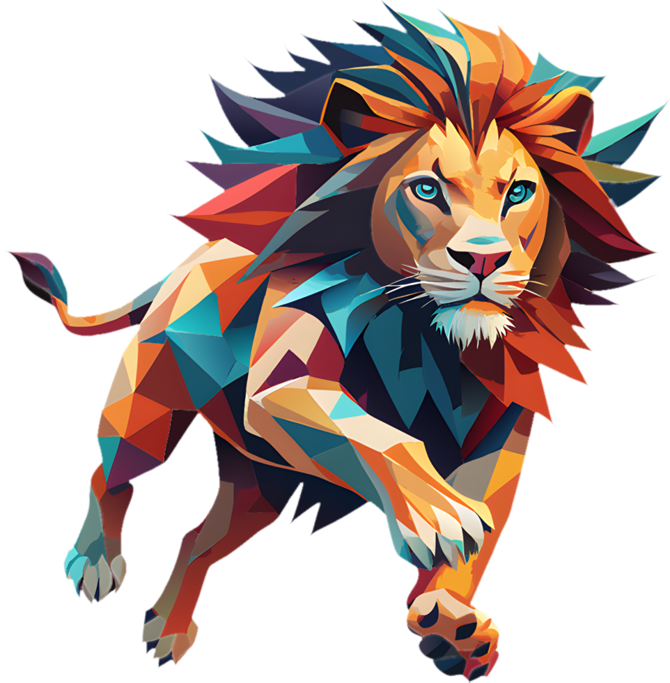 Artistic cubism lion showcasing bold colors and angular shapes. . png