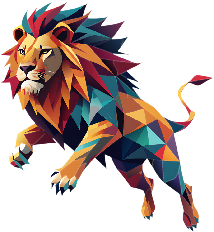 Geometric cubism lion art with angular shapes and vibrant colors. . png