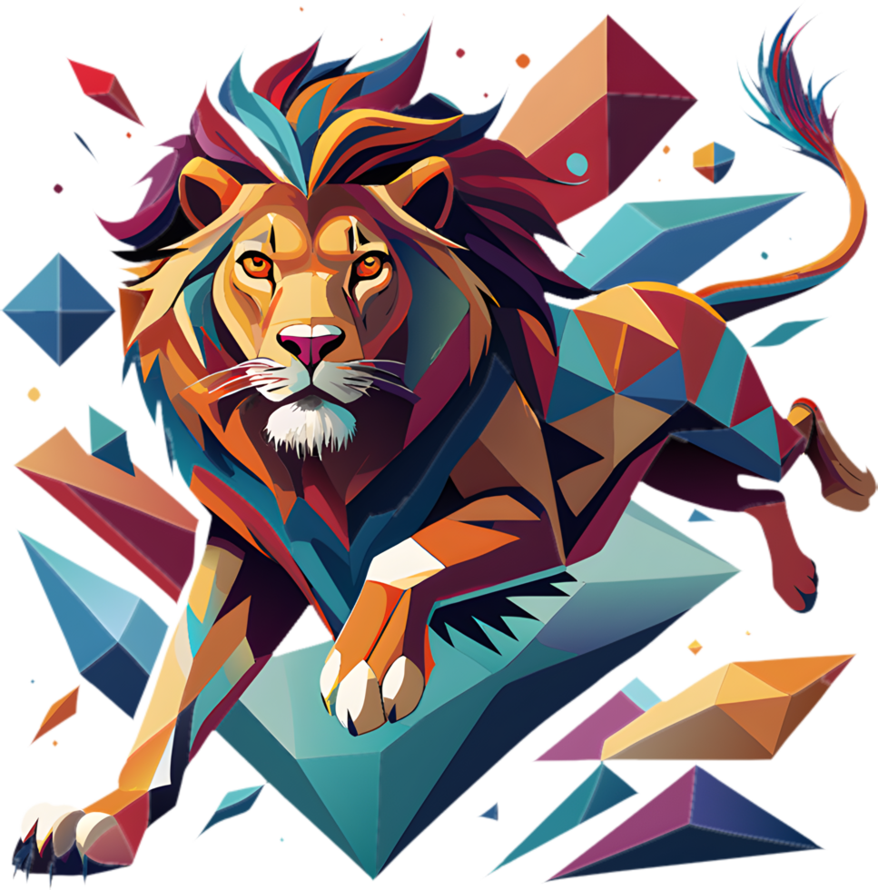 Unique cubism lion design with bold geometric shapes and angles. . png