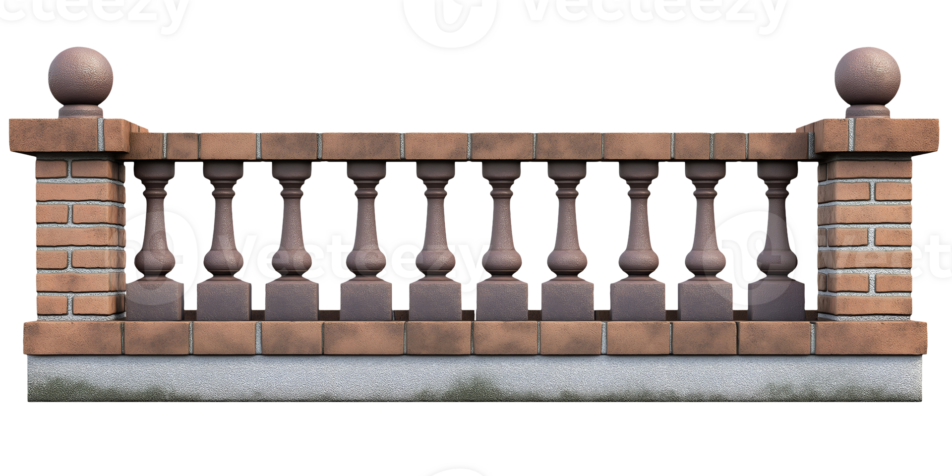 short brick fence with decorative columns and stone balusters on concrete base on isolated background png