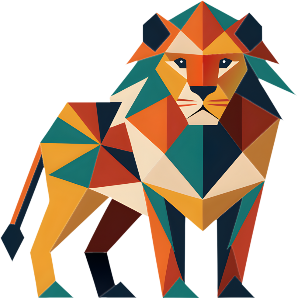 Intricate cubism lion illustration with sharp shapes and colors. . png