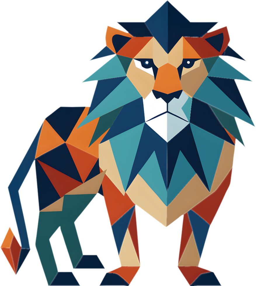 Dynamic cubism lion design with striking geometric elements. . png