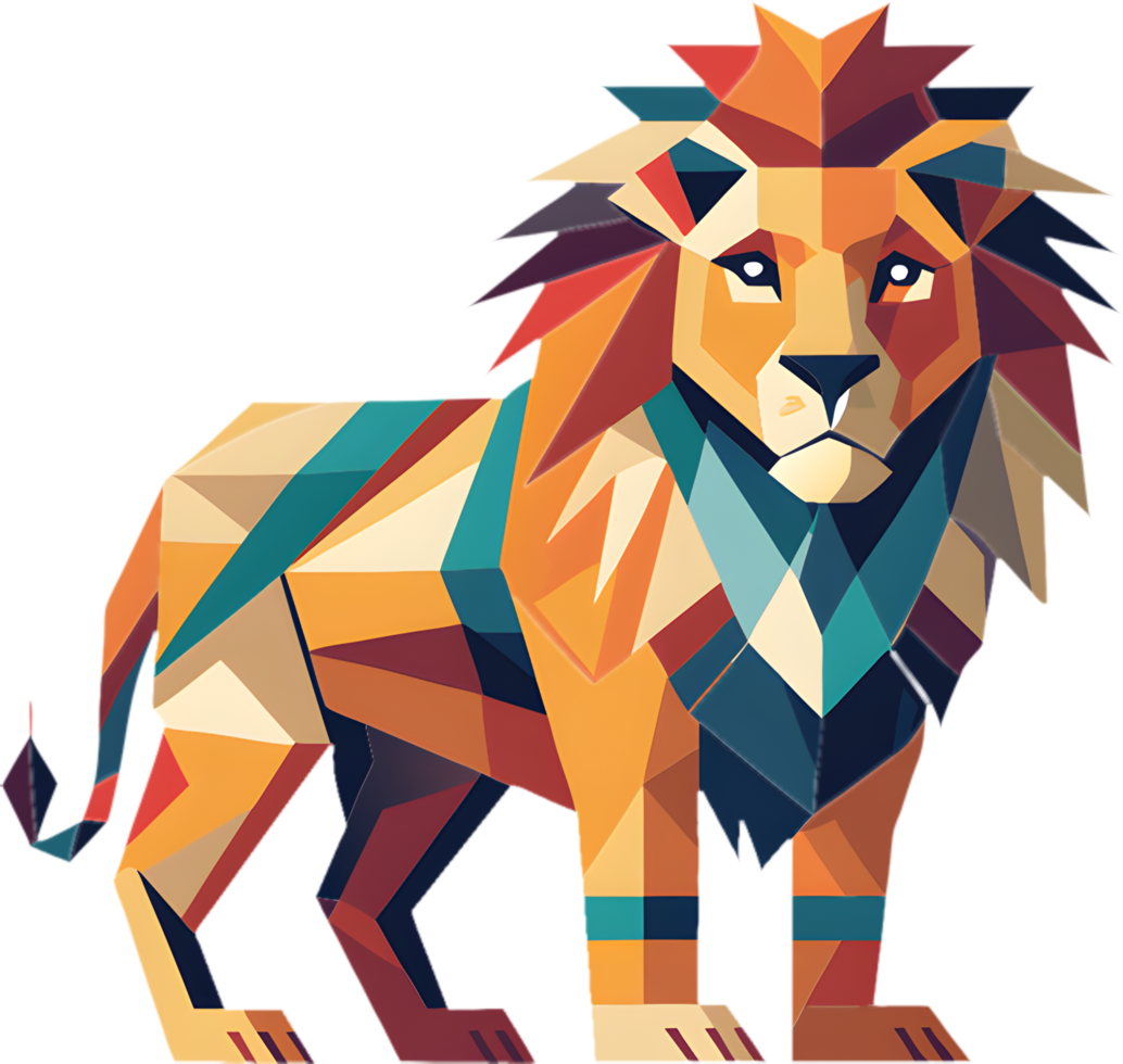 Vibrant cubism lion artwork with abstract geometric features. . png