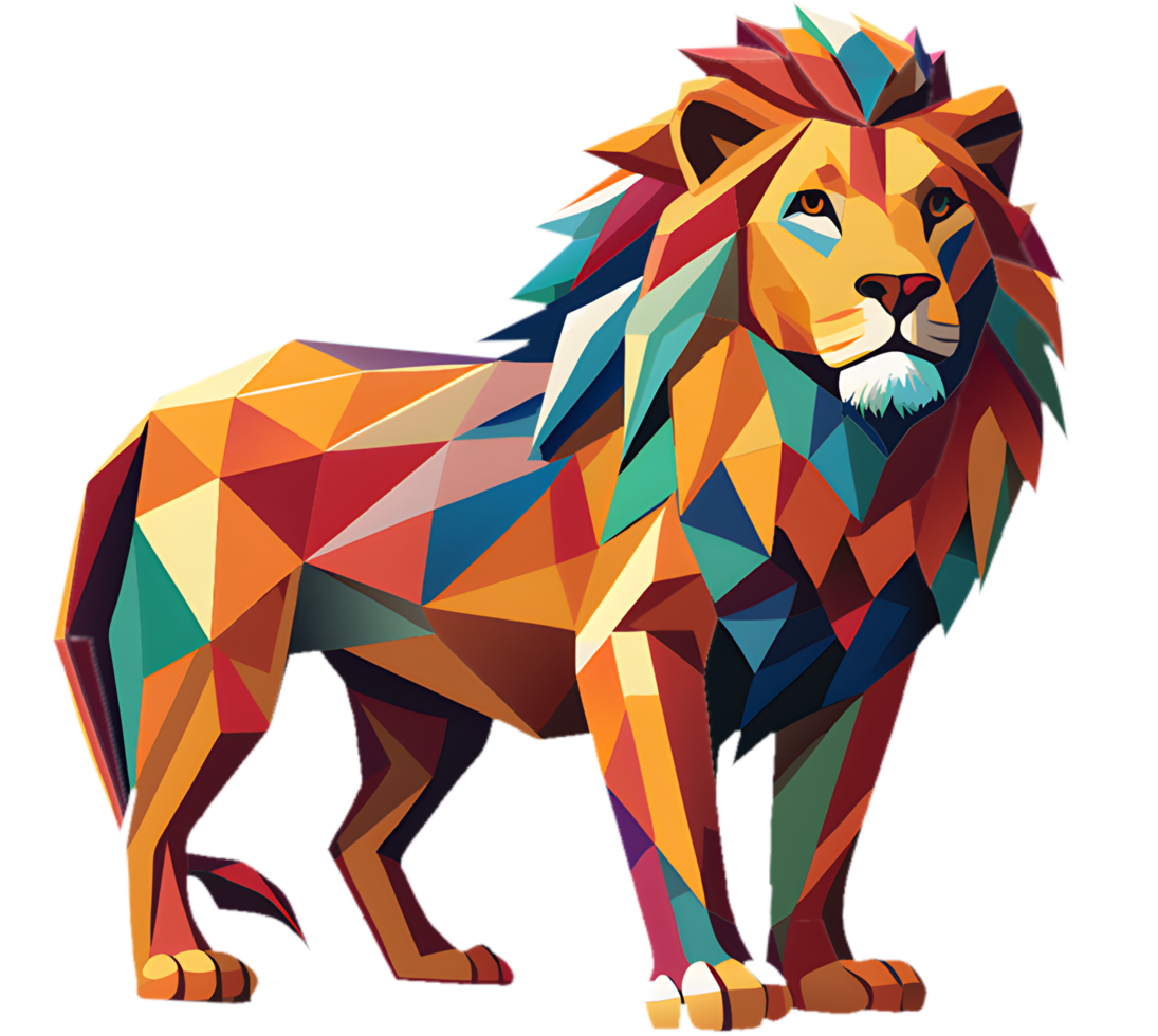 Bold cubism lion illustration using fractured shapes and sharp lines. . png