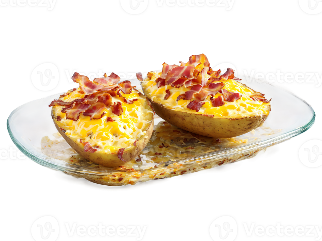 Potato skins loaded with cheese and bacon served on a transparent glass plate pub grub png