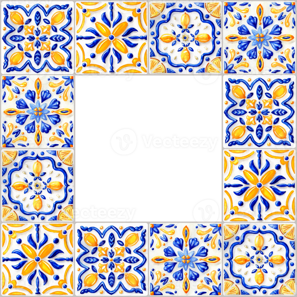 Frame with Traditional Italian, Greece Tiles in Aquarelle technique png