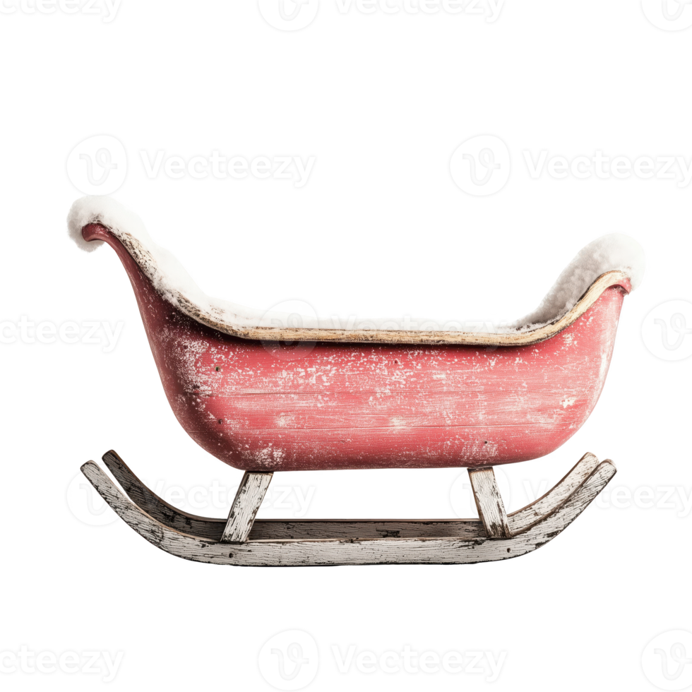Vintage red wooden sled with white fur isolated on transparent background. png