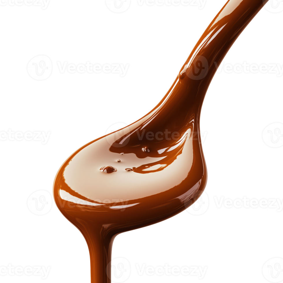 Rich chocolate syrup dripping from a spoon, isolated on transparent background. png