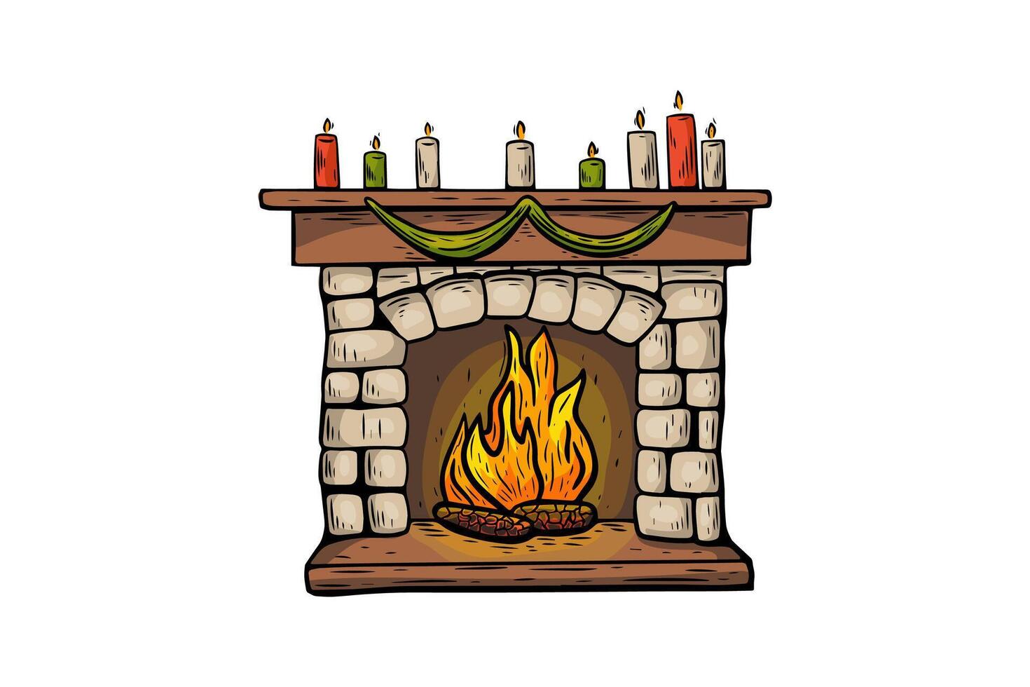 fireplace Christmas sketch in vintage style, engraving, line drawing colored. vector