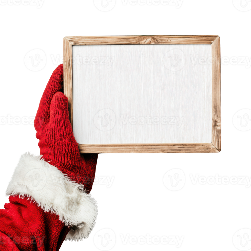 A Santa Claus hand holding a blank wooden sign isolated on transparent background. png