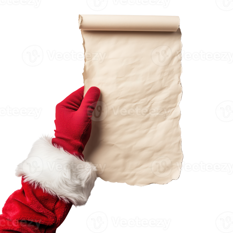 Santa Claus holding a blank scroll with a festive red and white glove, isolated on transparent background. png