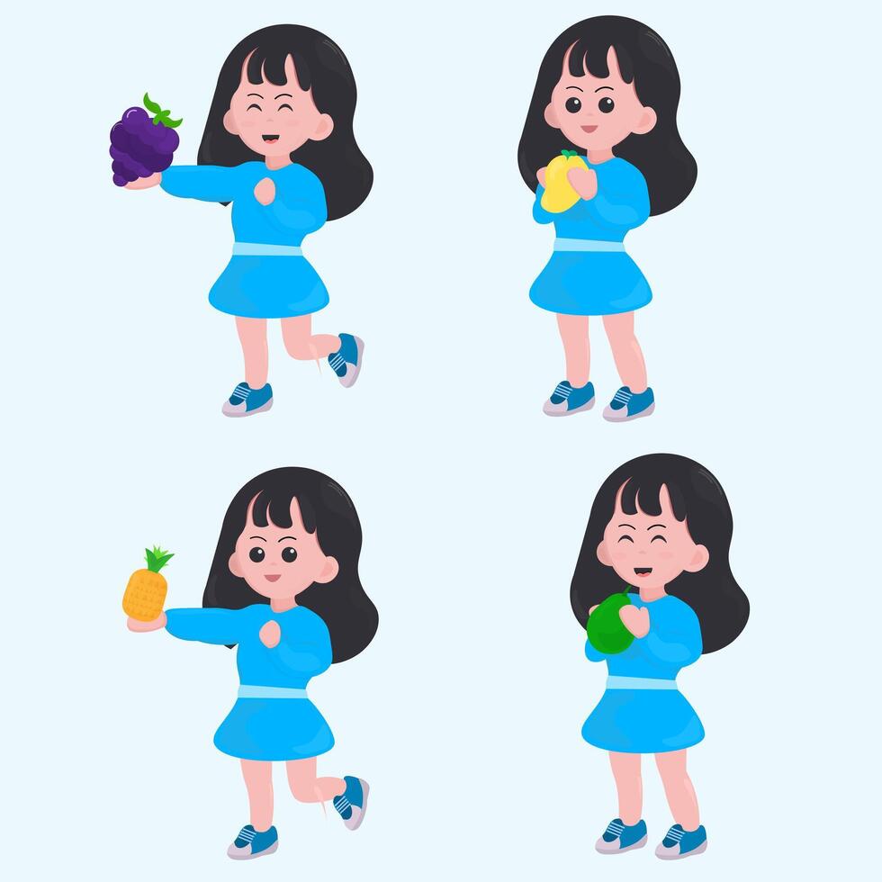 Girl Holding Fruits in Different Poses vector