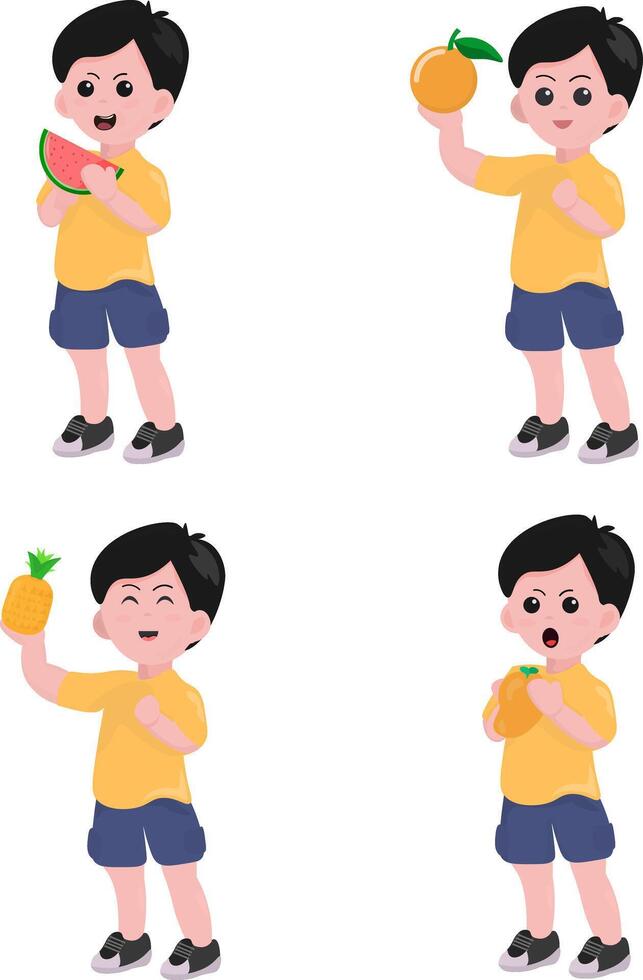 cute boys Playful Kid with Various Fruits vector
