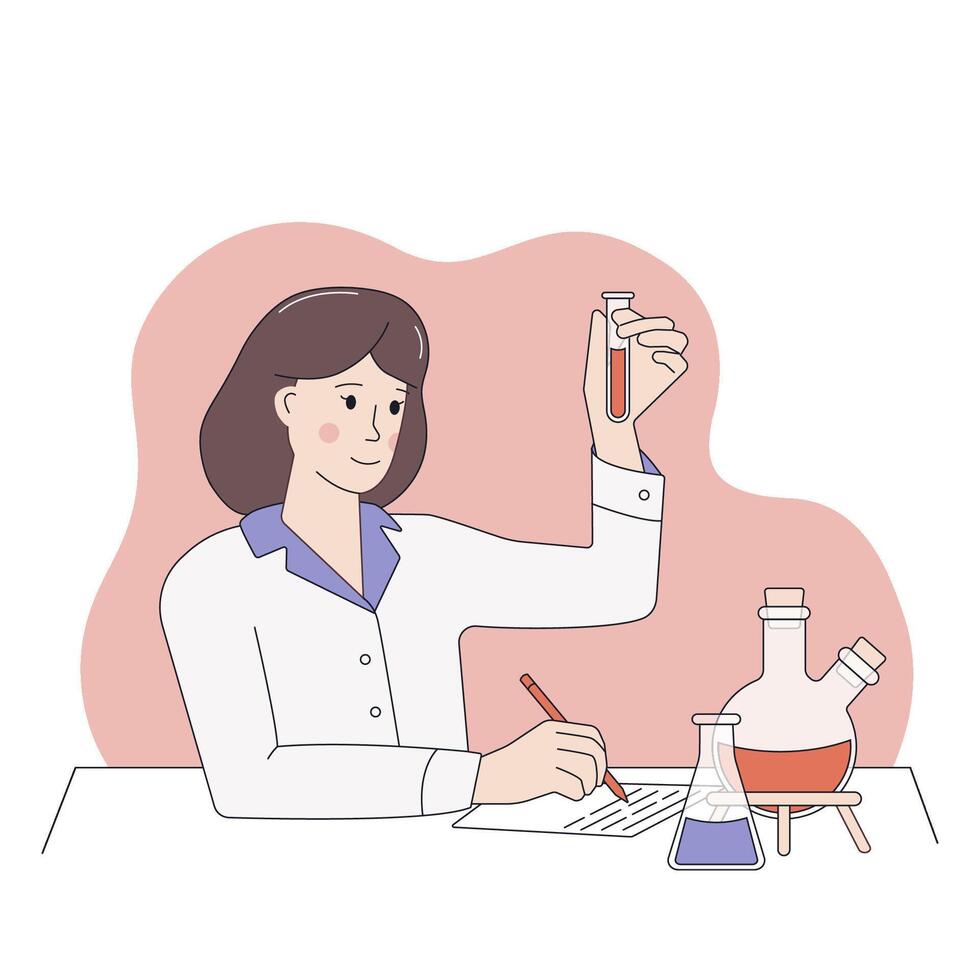 A female scientist with a test tube in her hands in the laboratory observes a chemical reaction. The concept of discovery, research vector