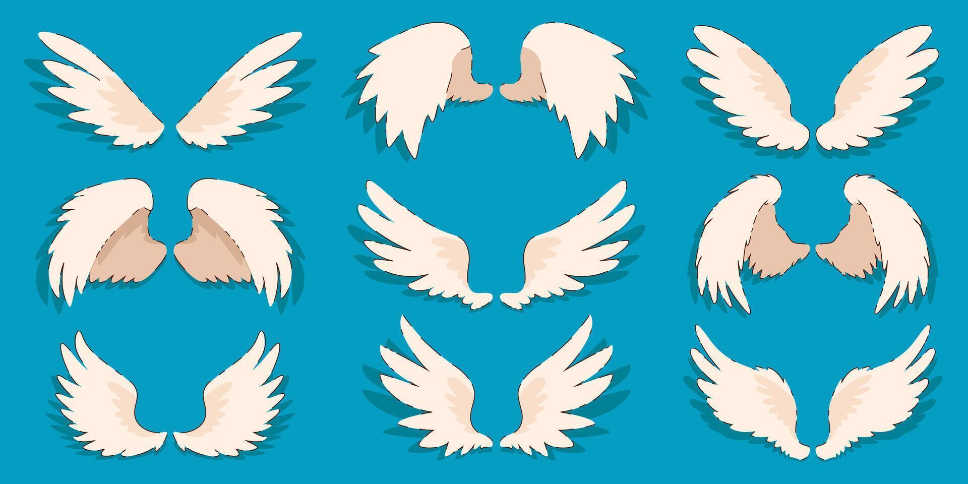 Set of Angel Wings in Hand-Drawn Style. Flat wings of birds. Angelic feathered elements. Perfect for holiday card, religious backgrounds, icons. vector