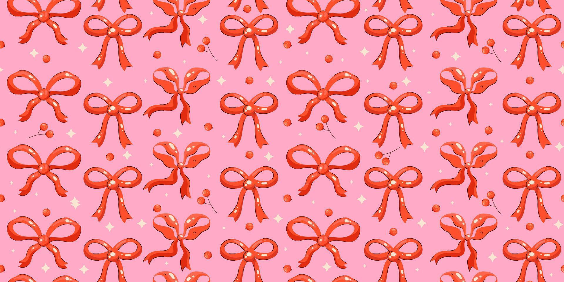 Cute Seamless Pattern with Red Ribbons and Berries on a Pink Background in Hand-Drawn Style. Ideal for festive designs, gift wrapping, and decorative projects vector
