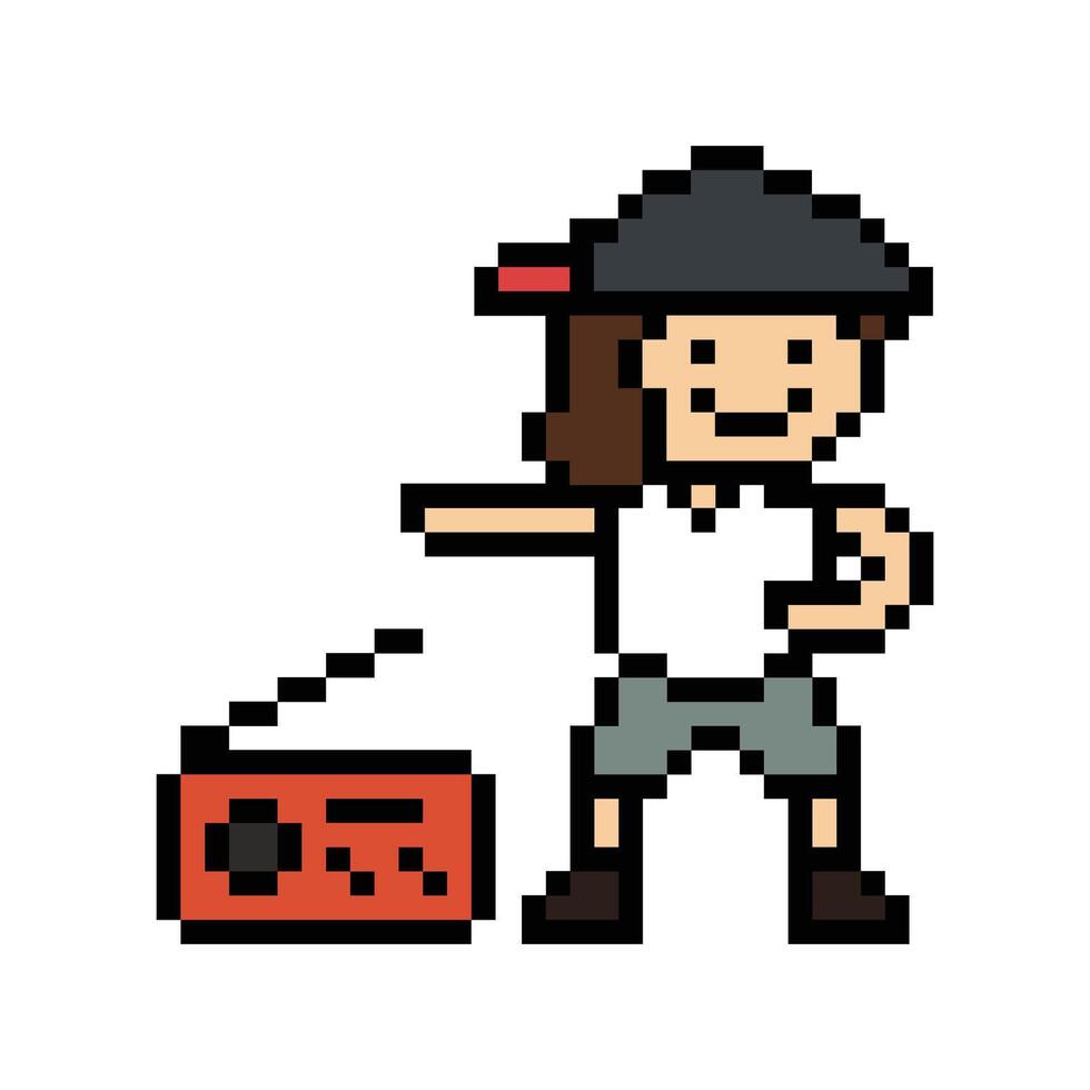 8 bit cute man male or boy with dance exercise pixel art cartoon. vector