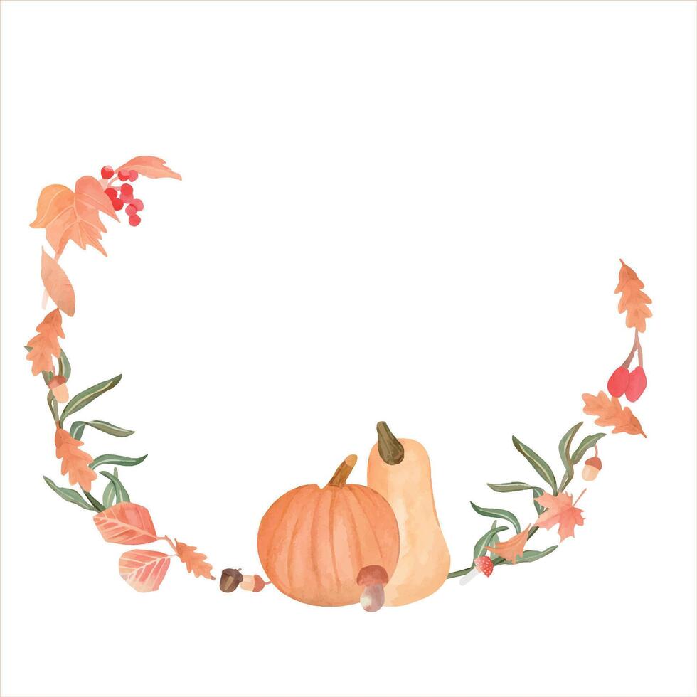 Watercolor autumn forest wreath with mushrooms, orange pumpkins and leaves in muted colors. Harvesting season. Template for your design Invitation, card vector