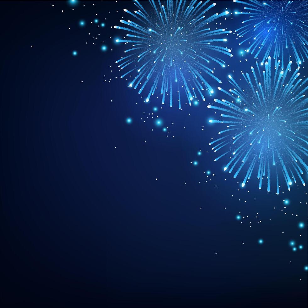 Vibrant blue fireworks light up the night sky, with sparkling trails and bursts vector