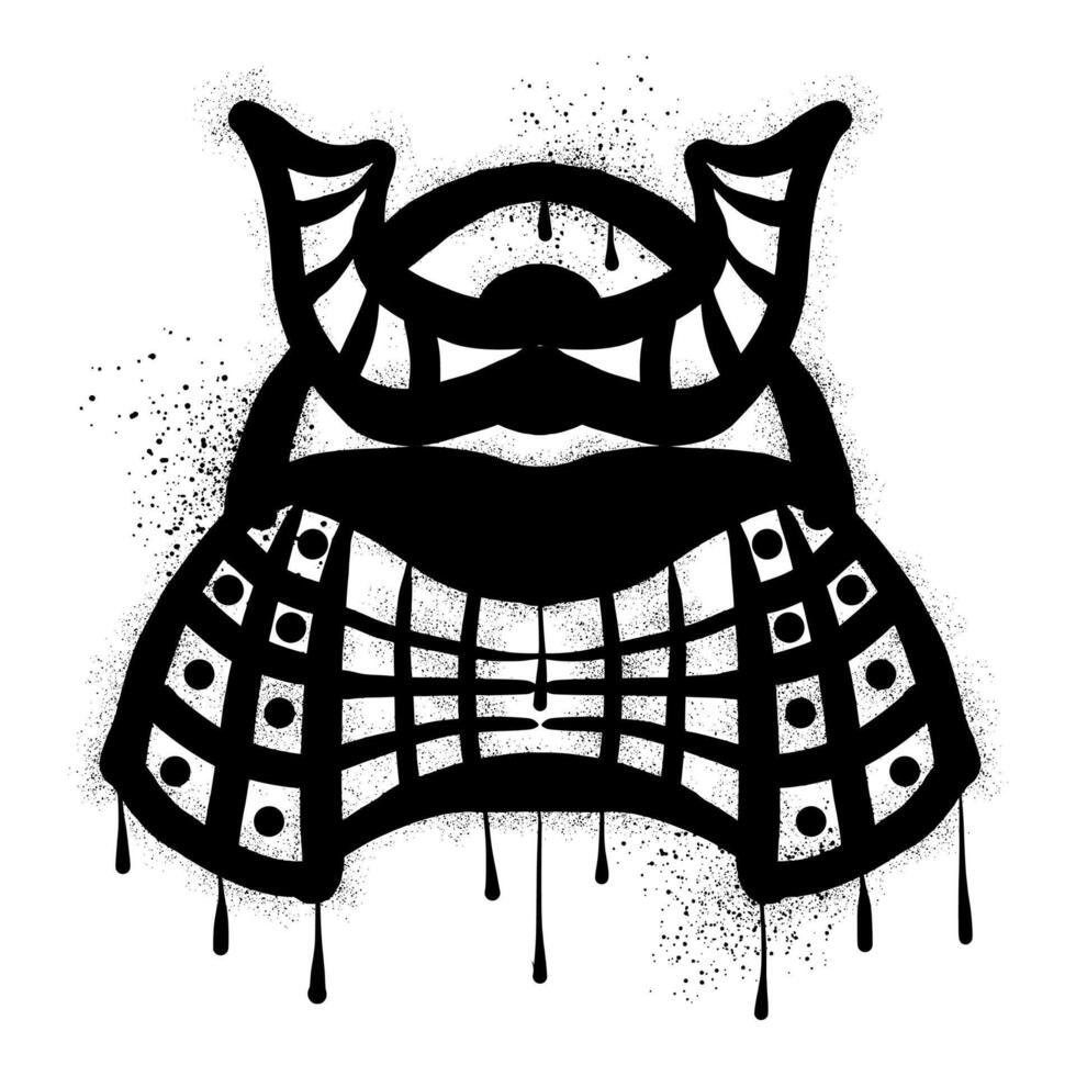 Drawing of a samurai mask with black spray paint graffiti vector