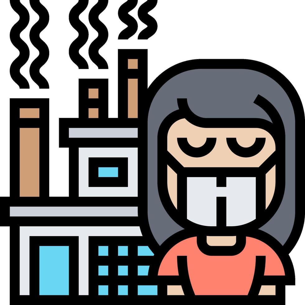 A woman wearing a mask and standing in front of a factory vector