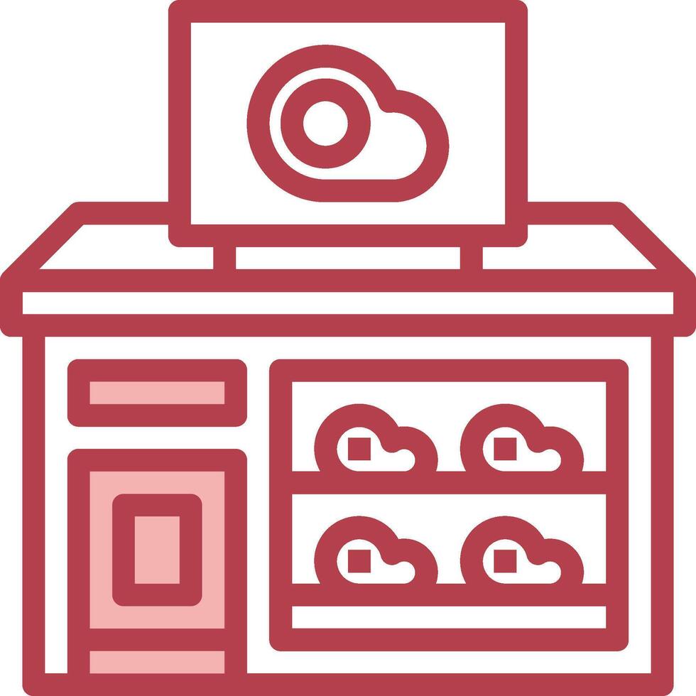 A red and white icon of a store with a cloud on it vector