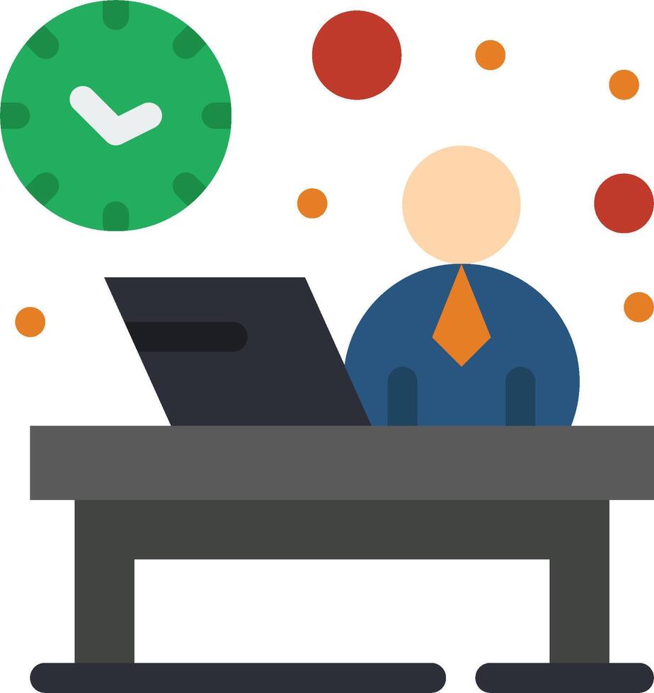 A man sitting at a desk with a laptop and a clock vector