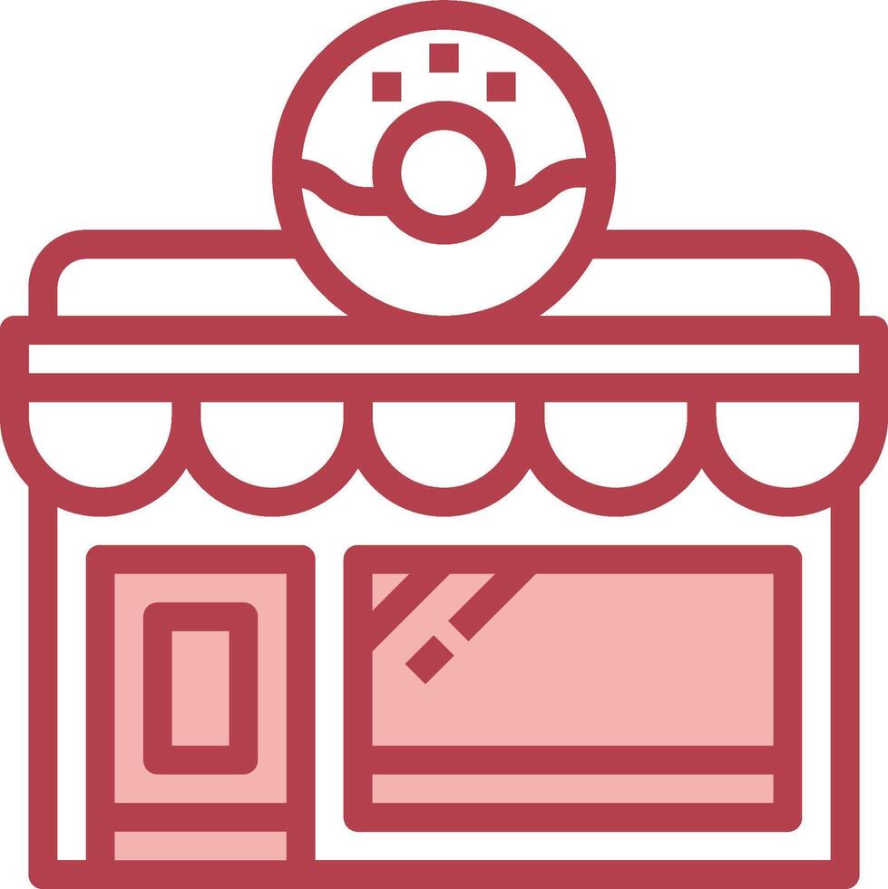 A red and white icon of a shop with a donut on the front vector