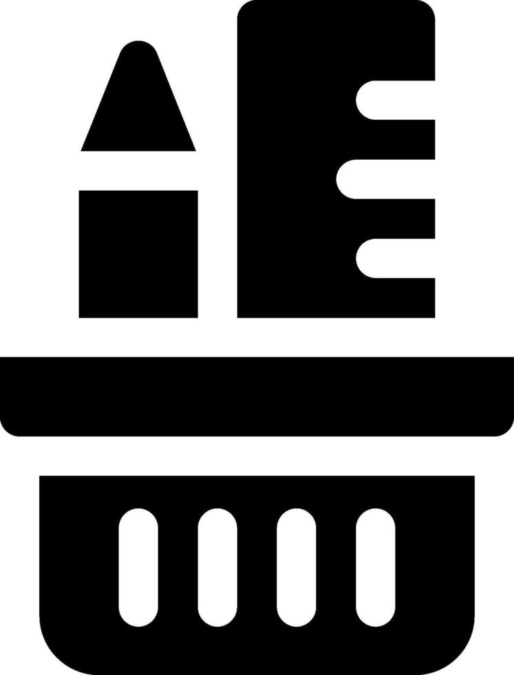 A black and white icon of a basket with pencils and a pencil sharpener vector