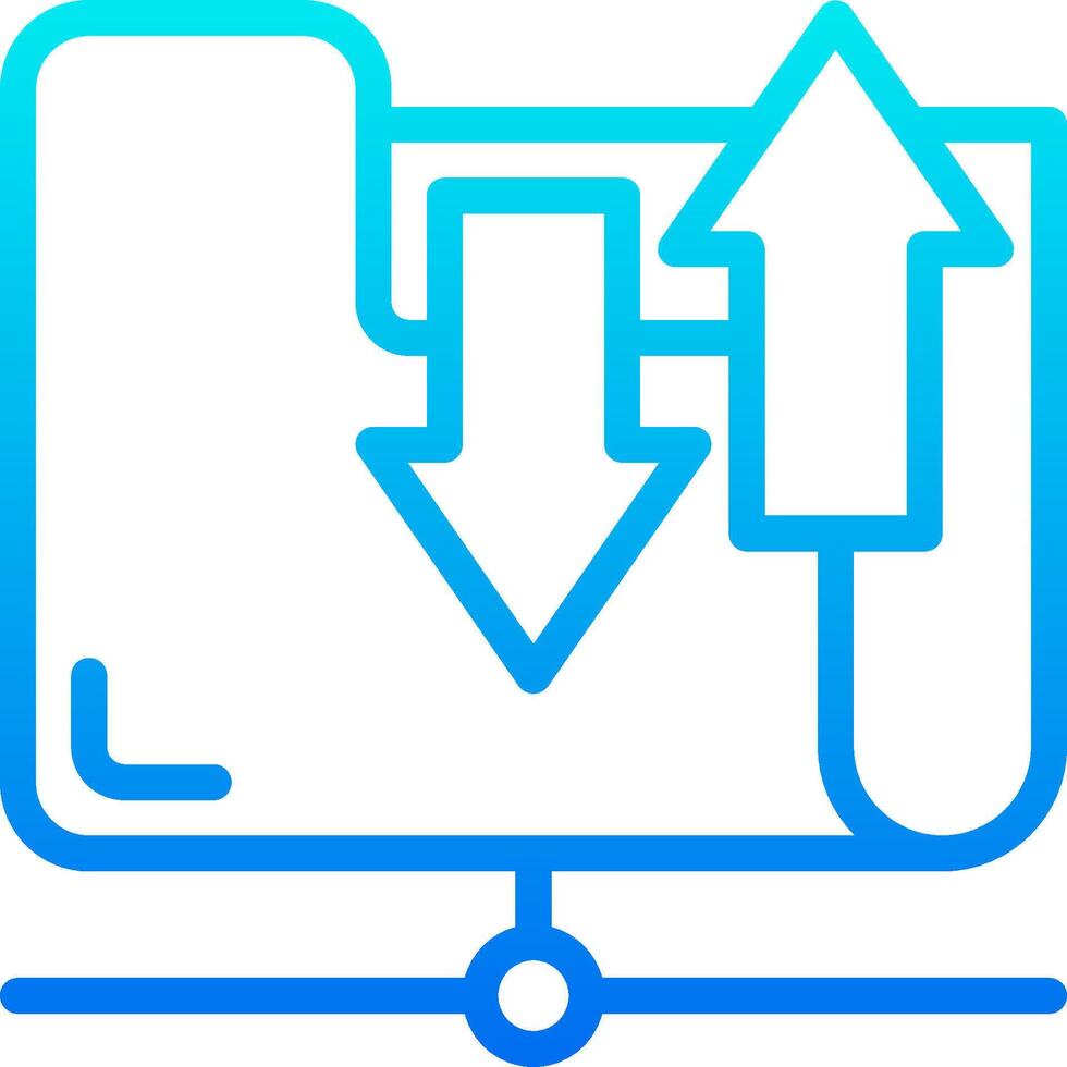 A blue and white icon of a computer with an arrow pointing up vector