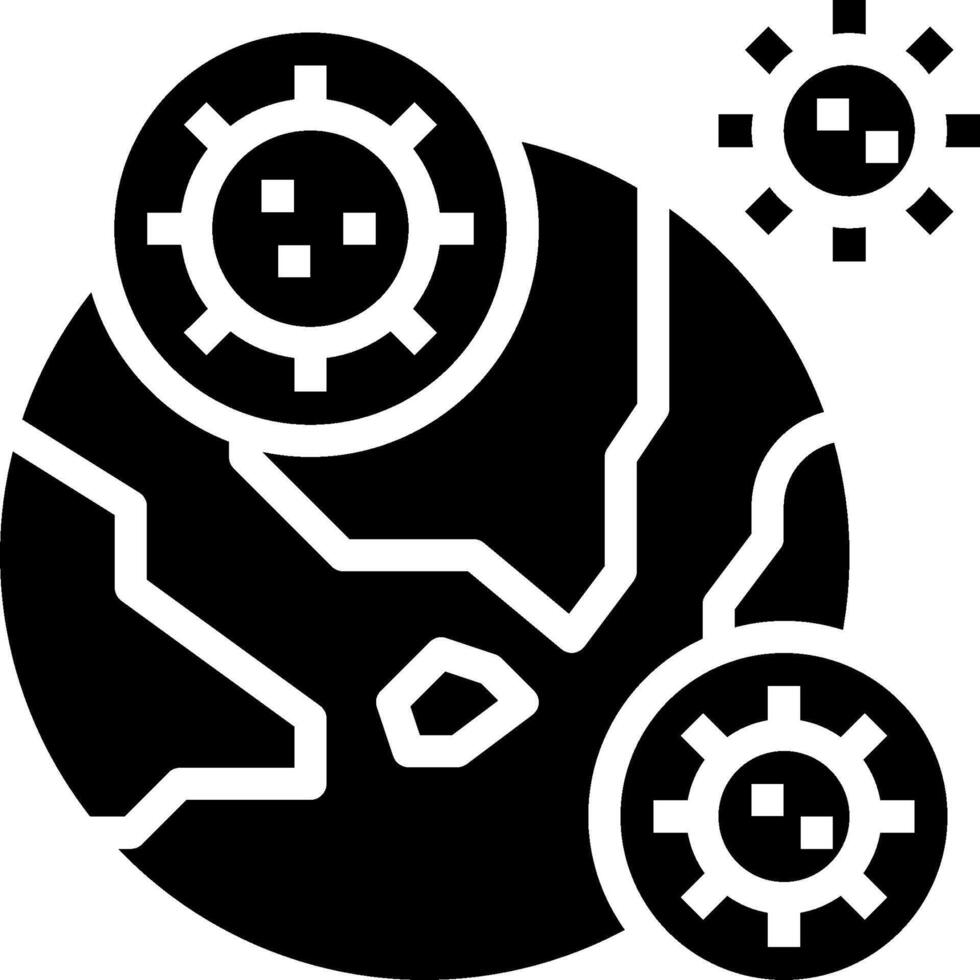 A black and white icon of gears and a globe vector