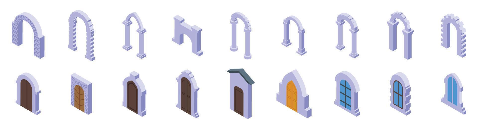 Stone arch icons set. Set of arch and doorway isometric icons showing different entrances vector