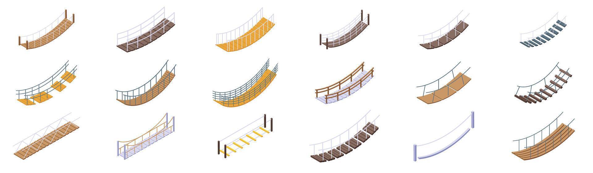 Rope bridge icons set. Set of various hanging bridges for crossing water or ravine in isometric view vector