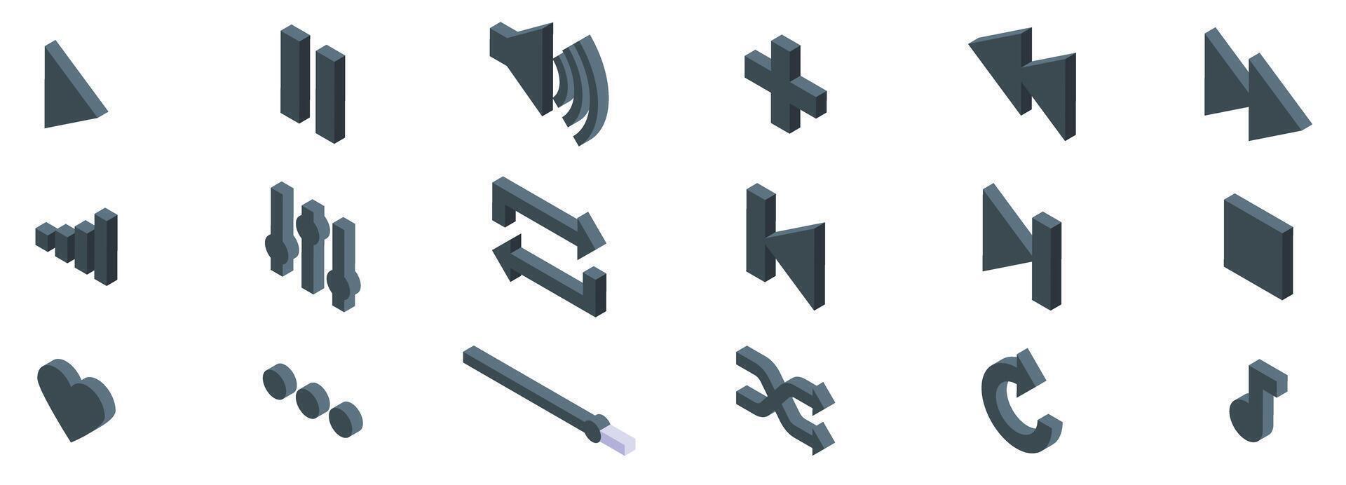 Playback music icons set. Set of dark grey isometric audio player buttons showing playback options vector
