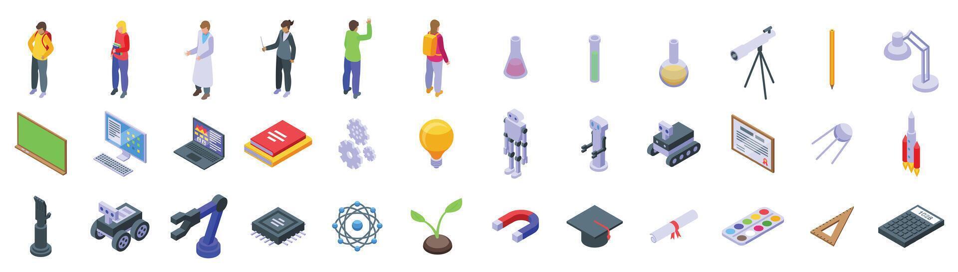 Stem education icons set. Students and teachers exploring science with modern technologies vector