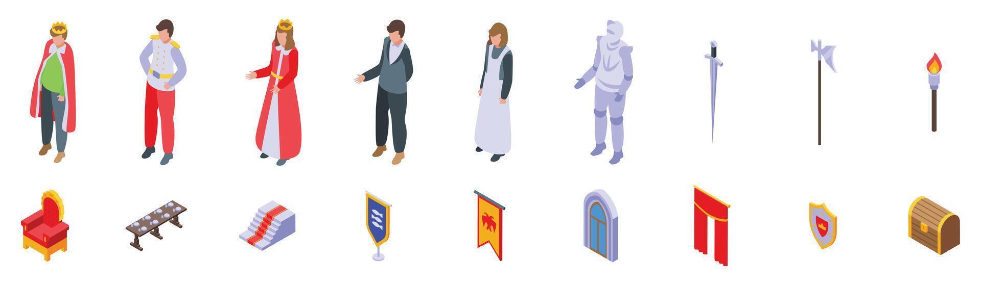 Castle hall room icons set. Medieval characters and ancient kingdom attributes with king and queen isometric icons set vector