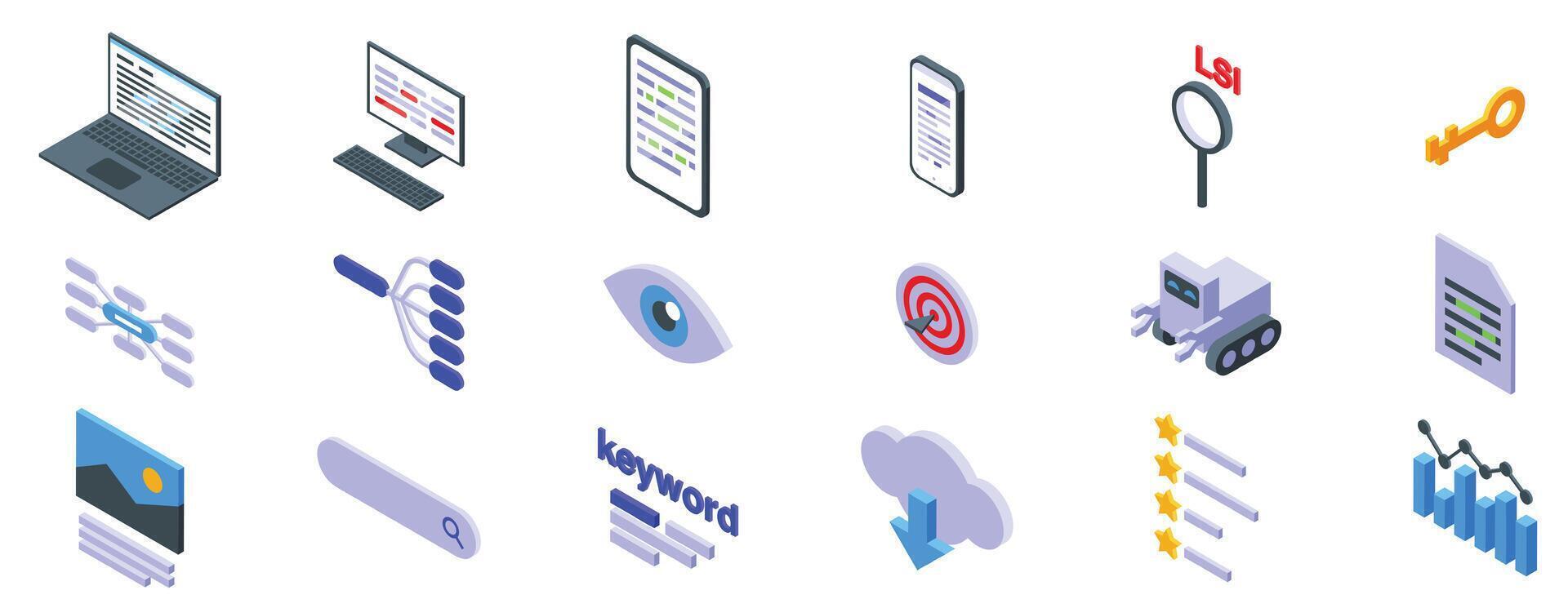 Lsi keywords icons set. Search engine optimization specialist analyzing website traffic with laptop and modern software for keyword research vector