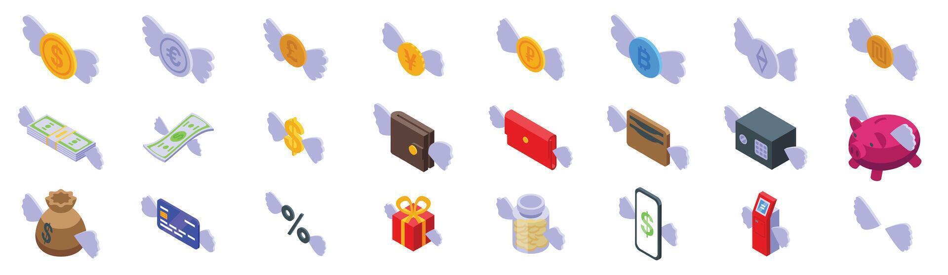 Coin wing icons set. Money flying away with wings isometric icons set vector