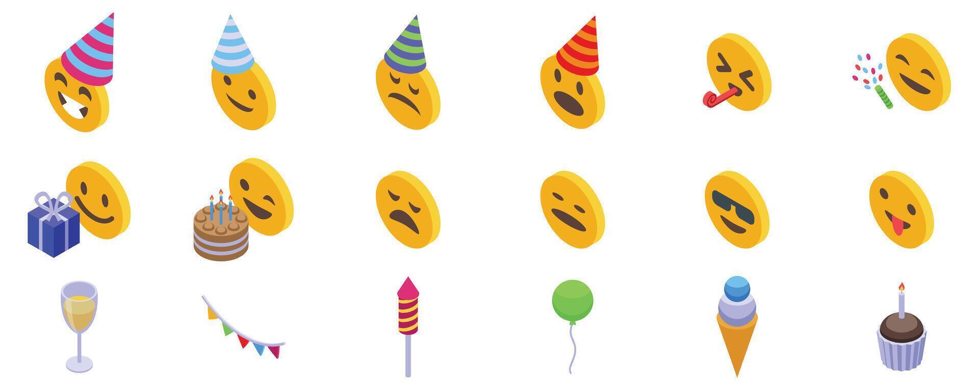 Birthday emoji icons set. Set of party isometric icons showing festive mood vector