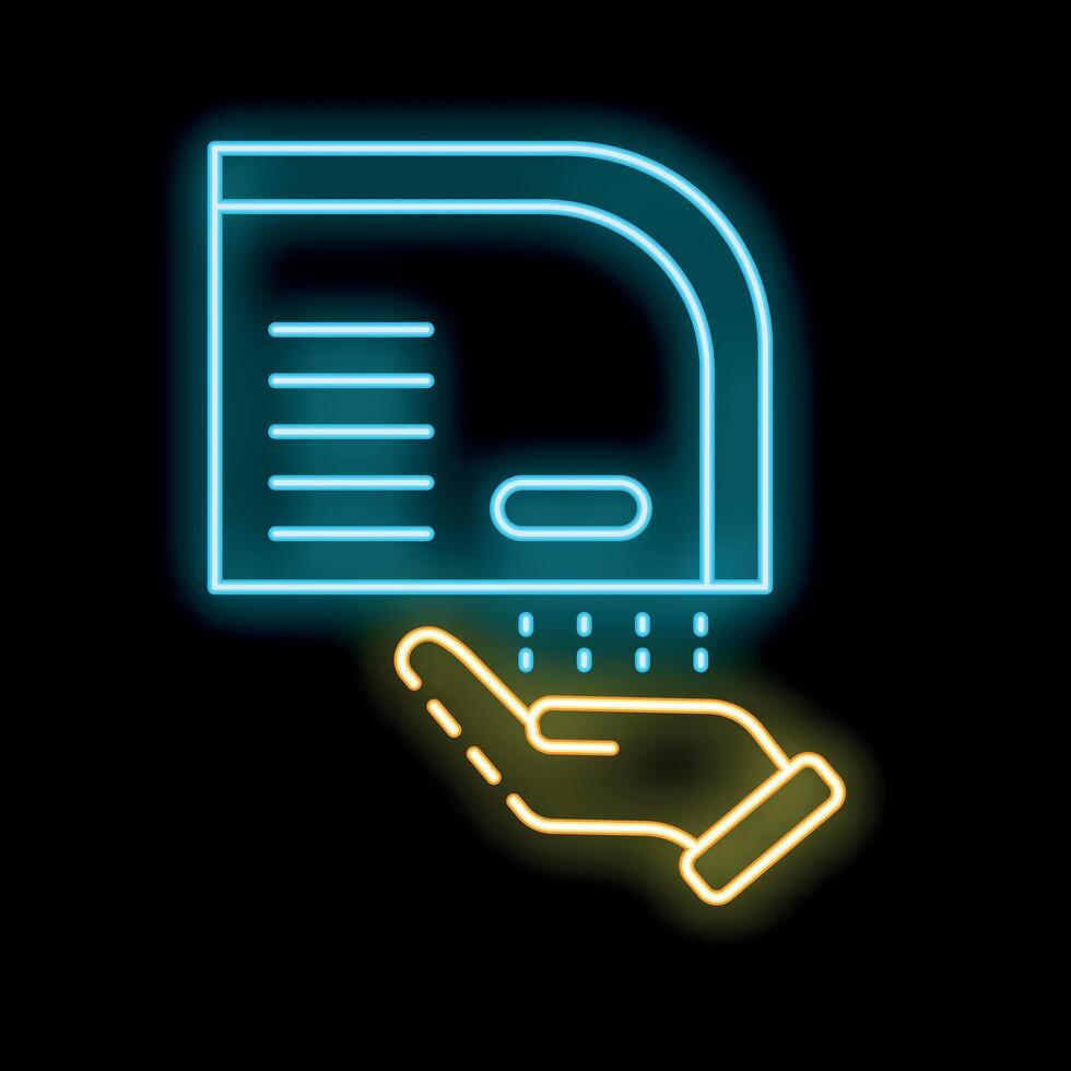 Neon hand dryer blowing air on open hand icon vector
