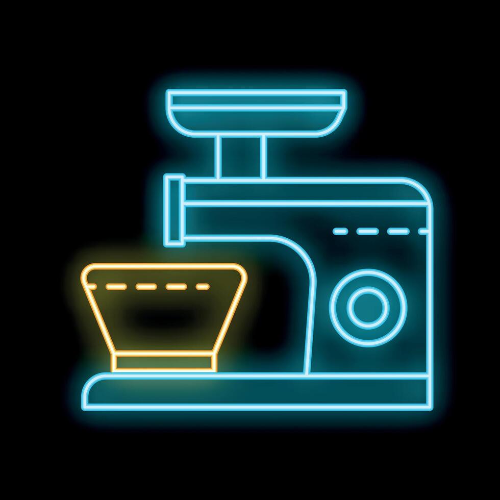 Neon icon of meat grinder processing food on black background vector