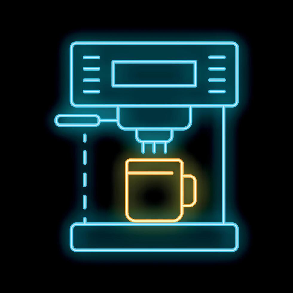 Glowing neon sign of coffee machine brewing cup of coffee on black background vector
