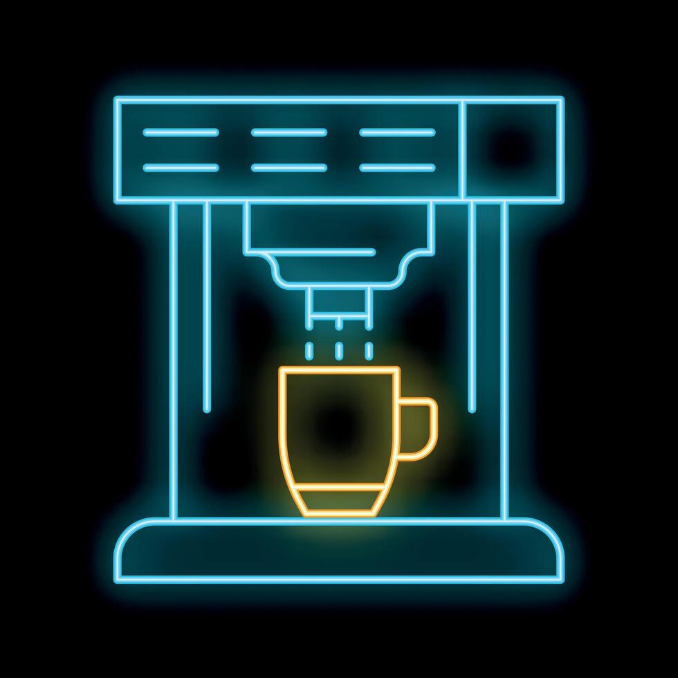 Glowing neon sign of coffee machine pouring fresh espresso in cup on black background vector