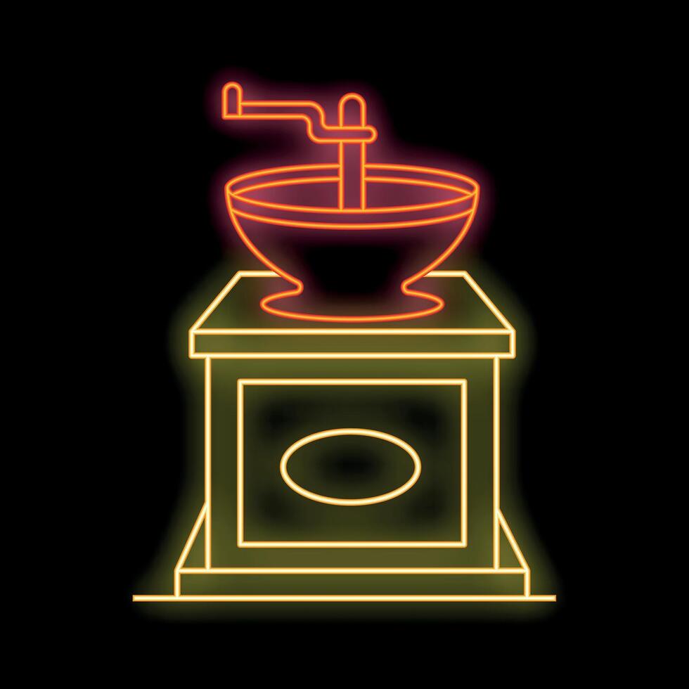 Neon icon of manual coffee grinder glowing on dark background vector