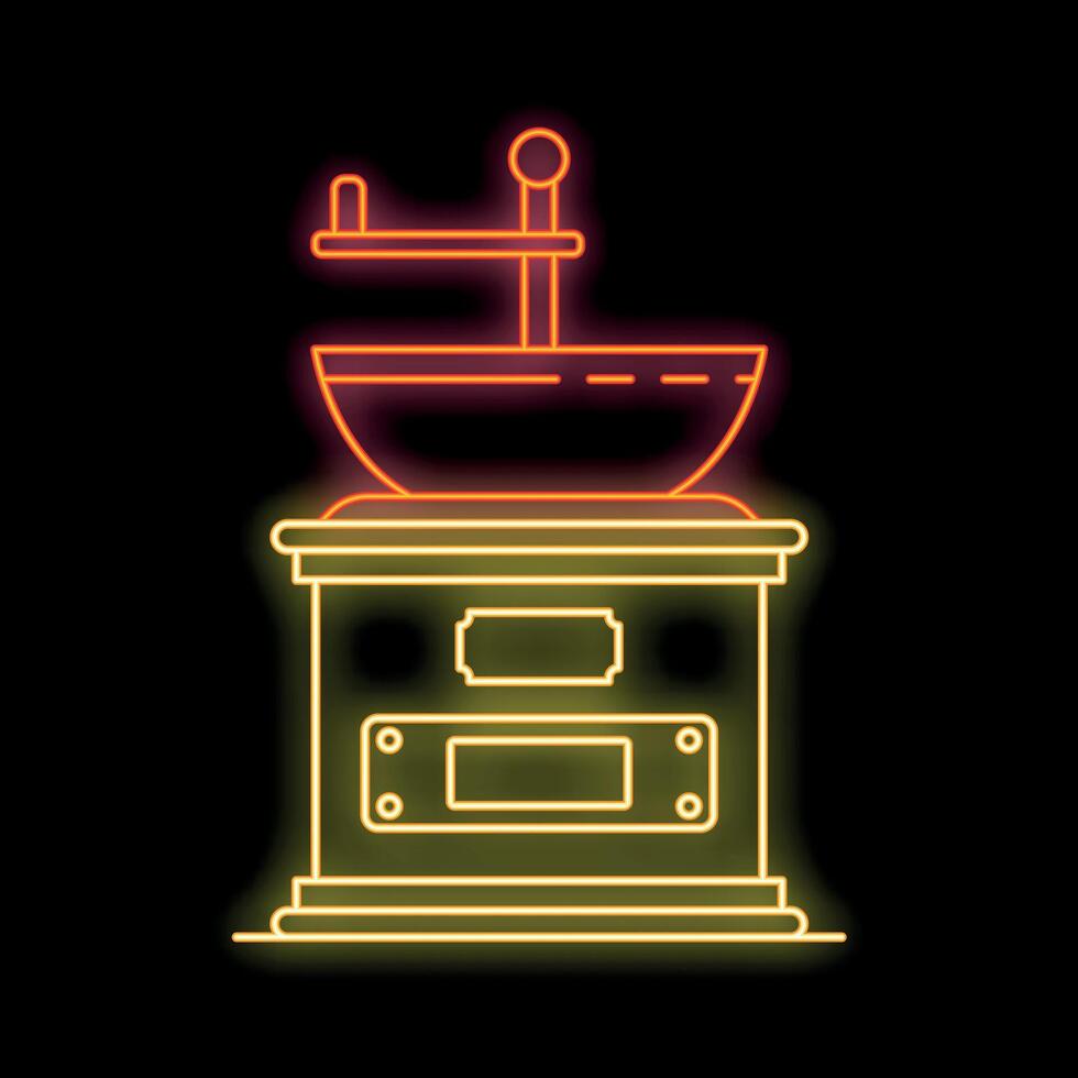 Neon coffee grinder shining on black background vector