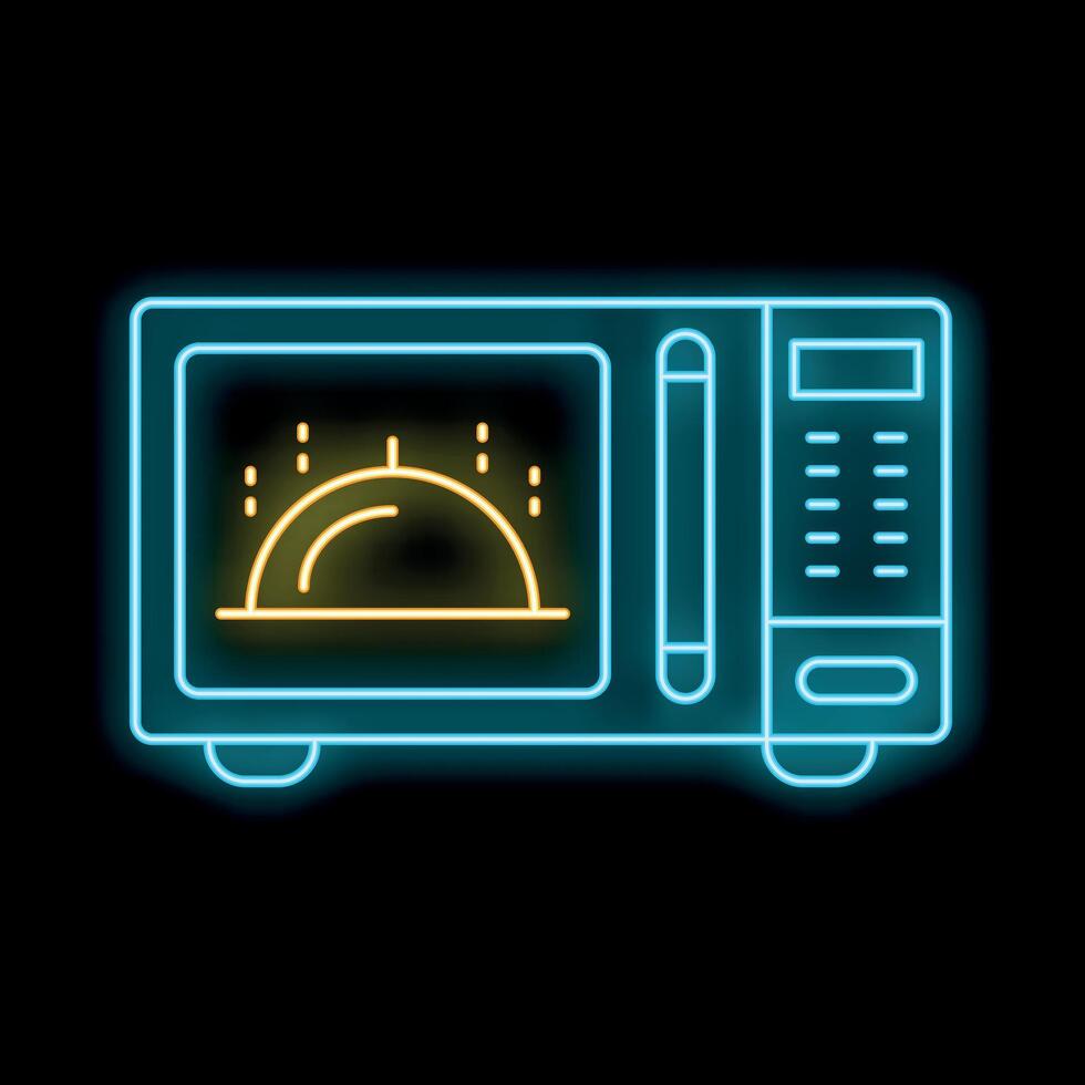 Neon microwave oven heating food icon on black background vector