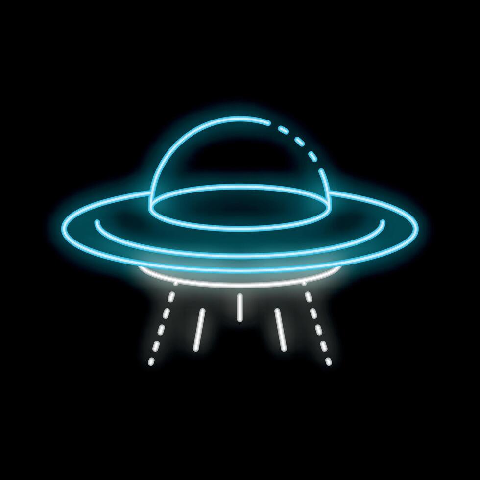 Blue neon sign of ufo flying saucer emitting light beams vector